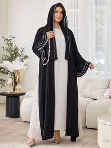 Al Najma Plus Size Women Elegant Fashion Patchwork Pom Pom Flare Sleeve Arabic Abaya Robe - Black - View 6