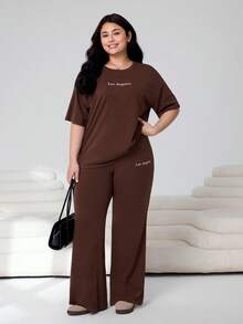 Solflare Plus Size Women's Letter Print Round Neck Drop Shoulder Short Sleeve T-Shirt And Pants Casual 2 Pieces Set, Spring/Summer,Carnival Women Look 2026,Going Out Outfits, Holiday Outfits, Graphic Tee, Summer Outfits - Brown - View 5