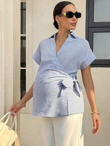 MaterniWear 孕妇条纹蝙蝠袖短袖侧系带休闲衬衫 - 藍色 - 查看 7