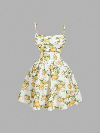 SHEIN MOD Plus Size Women Ruffle Strap Fruit Print Camisole Dress, Short Dress For Summer, Vacation