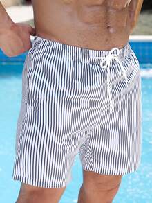 Zalmeno Pantalones cortos casuales de playa con estampado de rayas, bolsillos en diagonal y cordón en la cintura para hombres - Multicolor - Ver 5