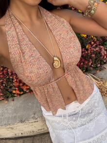 SHEIN SunnyBelle Women's Orange Textured Deep V-Neck Halter Backless Camisole, Sexy & Romantic Beach Vacation Style - Orange - View 6