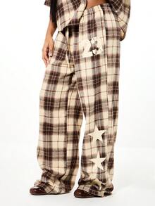 SUMWON WOMEN Quần Palazzo ống rộng kẻ caro nữ, chất liệu flannel, cạp cao, họa tiết caro, kiểu dáng rộng rãi thoải mái, có dây rút ở eo, thích hợp mặc ở nhà vào mùa thu đông. - Cà phê nâu - Xem 1