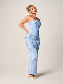 MISSGUIDED Strapless Light Blue Floral Embroidered Maxi Dress Bodycon Wedding Guest Evening Formal Occasion Party Summer - Blue - View 3