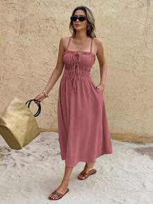 SHEIN Frenchy 女士纯色吊带无袖系腰带口袋中长连衣裙 - 藕粉色 - 查看 1