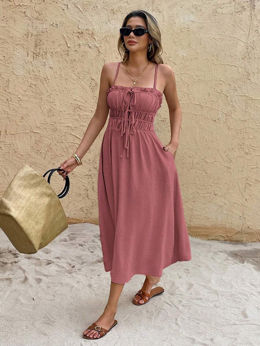 SHEIN Frenchy 女士纯色吊带无袖系腰带口袋中长连衣裙 - 藕粉色 - 查看 1