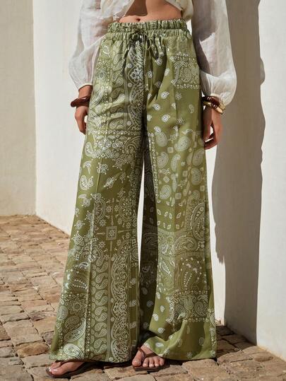 EURMUSE Dames palazzo broek met trekkoord in de taille, casual en veelzijdig, voor elke dag, met cashewnotenprint.