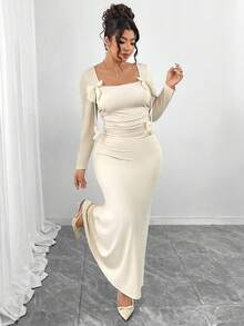 Elenzga Plus Size Soft Knit Fabric V-Neck Long Sleeve Waist Pleated Ruched Fishtail Hem Bow Decor Dress, Elegant For Outings, Gatherings, Dates, Formal Events - Apricot - View 5