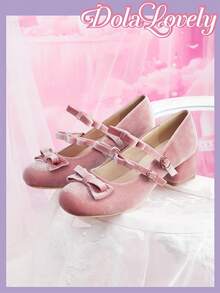 Dola Lovely 女士甜美粉色天鹅绒圆头高跟鞋，粉色蝴蝶结系带低跟鞋，洛丽塔风格可爱柔软休闲约会鞋 - 粉色 - 查看 5