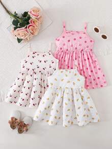 SHEIN 3件套女婴夏季碎花无袖连衣裙和纯色连衣裙，田园风格，时尚可爱 - 彩色 - 查看 2