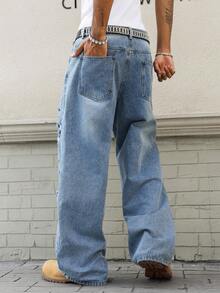 Manfinity EMRG 男士复古水洗做旧不对称泼墨宽松直筒牛仔裤 - 淺色水洗藍 - 查看 2