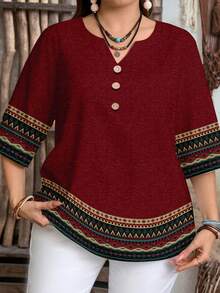 Mellowie Camisa casual de mujer talla grande con diseño de botones a rayas y parches, adecuada para el verano - Multicolor - Ver 3