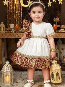 Baby Girls' Summer White & Green Vintage Palace Style Floral Patchwork Asymmetric Sleeve Dress, Suitable For Outings, Photo Shoots, And Parties Baby Party Wear Baby Girl Dress Burgundy Baby Girl Dress - Red - View 1