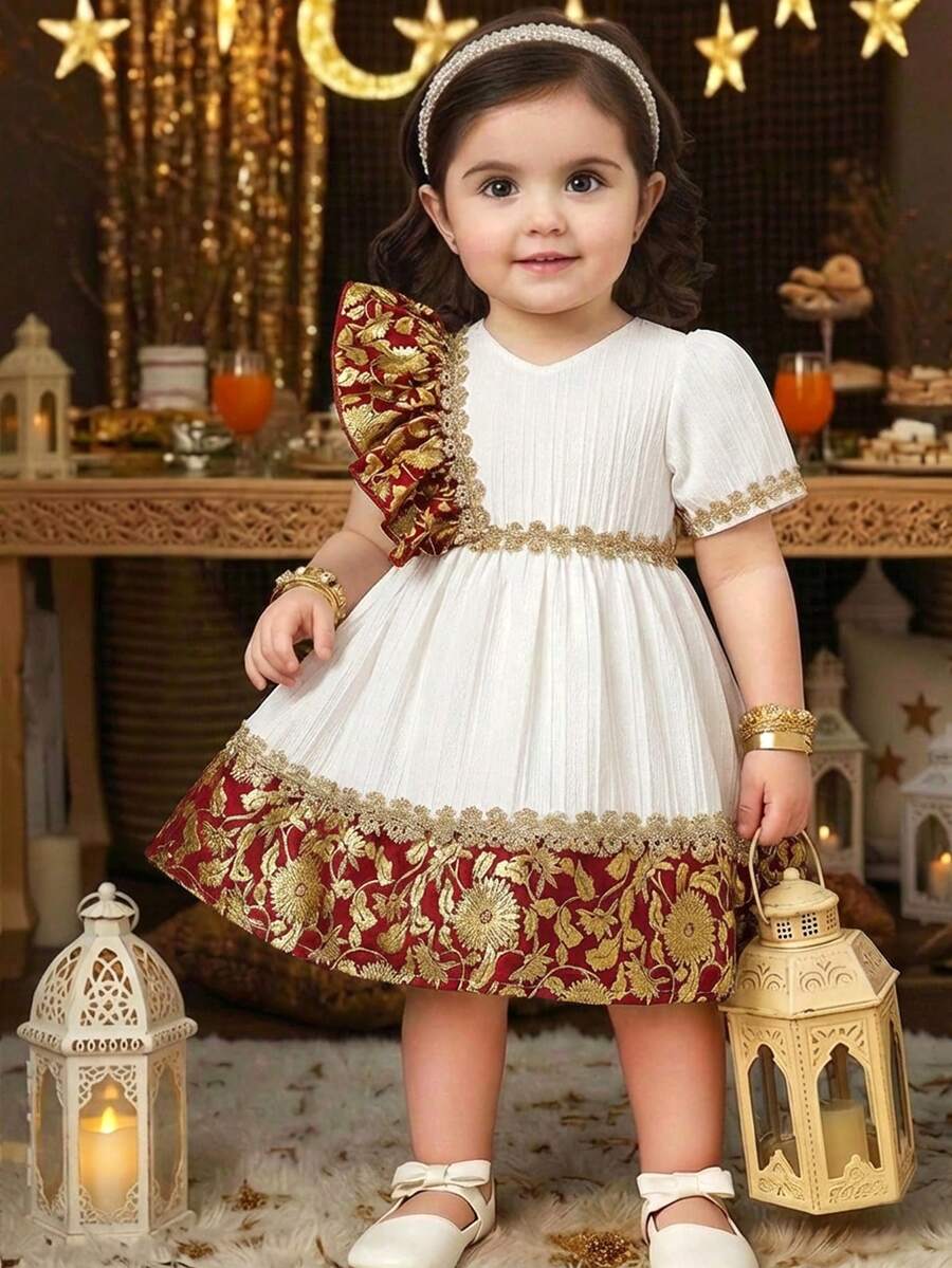 Baby Girls' Summer White & Green Vintage Palace Style Floral Patchwork Asymmetric Sleeve Dress, Suitable For Outings, Photo Shoots, And Parties Baby Party Wear Baby Girl Dress Burgundy Baby Girl Dress - Red - View 1