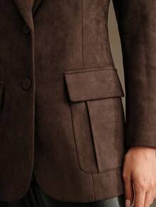 Anewsta Faux Suede Multi-Pocket Long Sleeve Elegant Blazer Jacket - Brown - View 6