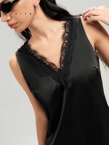 LYSMO Petite 女士时尚蕾丝拼接无袖中长连衣裙，夏季 - 黑色 - 查看 7