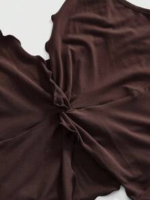 ROMWE Hippie Plus Size Women's Solid Color Twist Pleated Camisole Top And Ruffle Hem Skirt 2 Piece Set, Fashionable For Dates And Parties - Brown - View 3