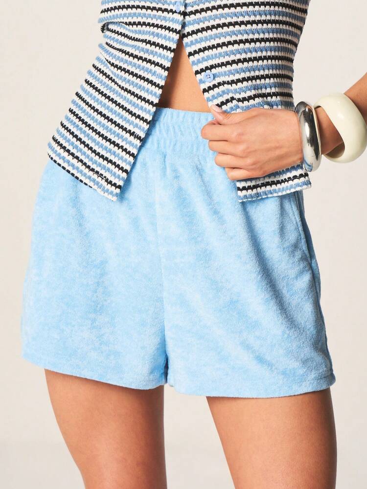MISSGUIDED Comfortable High Rise Towelling Shorts With Elastic Waist Summer Beach Vacation Terry Cloth Relaxed Fit Mini Loungewear