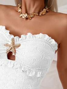 Swim Vcay Women White Knitted Sleeveless One Piece Bikini With Elegant Bandeau Neckline Cut Out Details And Plant Pattern - White - View 4