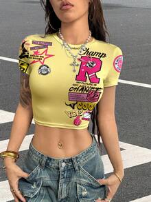 SHEIN EZwear 休闲圆领修身短袖T恤，印有字母R图案 - 彩色 - 查看 3