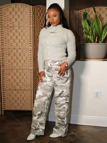 Steph T Low Waist Camouflage Water Washed Straight Leg Jeans - Multicolor - View 4