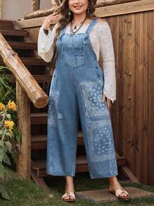 EMERY ROSE Celana Bib Denim Motif Biru Muda Nyaman Kasual untuk Wanita Ukuran Plus - Light Wash - View 3