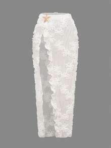 Swim Chiccia 2026新款女士夏季沙滩度假优雅花卉纹理特殊面料金属星星装饰侧开衩长款卡夫坦半身裙 - 杏色 - 查看 3