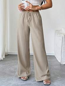 Flirla Petite Women's Solid Color Pocket Drawstring Loose Wide Leg Pants Fall Cloth For Women - Khaki - View 6