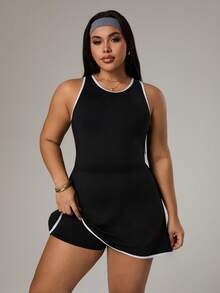 SHEIN Sports Gaun Olahraga Tanpa Punggung Berbahan Jala dengan Panel Blok Warna untuk Wanita dari Rhythm Era, Dilengkapi Celana Pendek Terintegrasi - Hitam - View 4