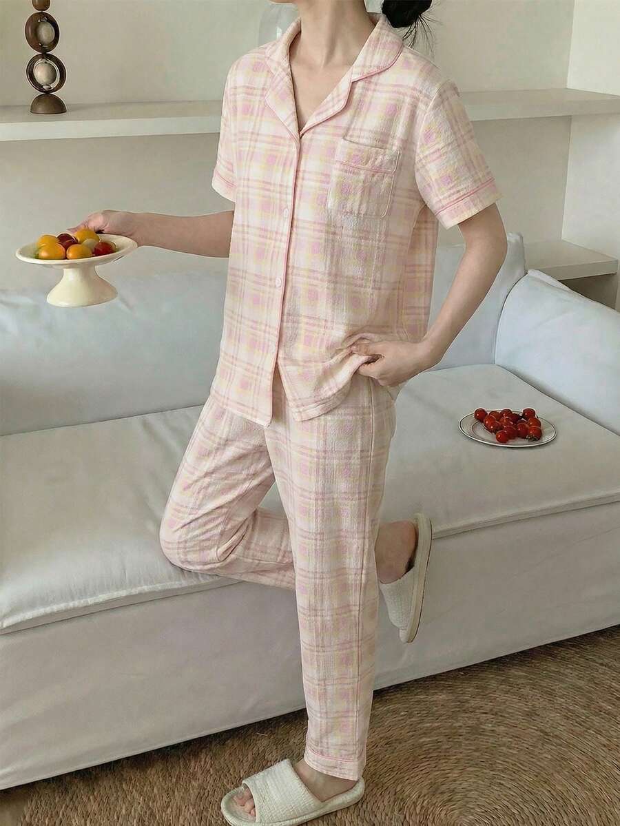 2件套女童休闲格子开衫短袖上衣和裤子睡衣套装 - 淺粉色 - 查看 1