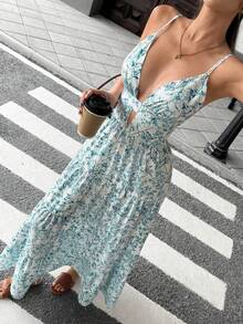 Pariaura 女士吊带拼接宽松下摆长款休闲度假连衣裙 - 淺藍色 - 查看 7