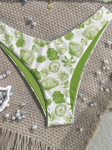 Swim Mod 2pcs/Set Summer Vacation Random Gold Shell Print Halter Triangle Bikini Top And High Cut Swim Bottoms Sexy Swimwear Set Boho Bikini Set Boho Bathing Suit Vacation Bikini Set Pattern Bikini Bikini Set Summer Beach Bikini Set Floral Bikini Set - Olive Green - View 3