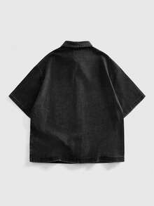 ROMWE MEN Street Life Men's Casual Fashion Street Letter Rhinestone Washed Short Sleeve Denim Shirt, Summer - Black - View 2