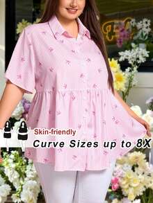 SHEIN CURVE+ Valentine's Day Plus Size Open Front Raglan Short Sleeve Striped Bow Print Peplum Blouse,Going Out,Tunic Top,Formal Tops For Women,Teacher Shirts - Pink - View 1