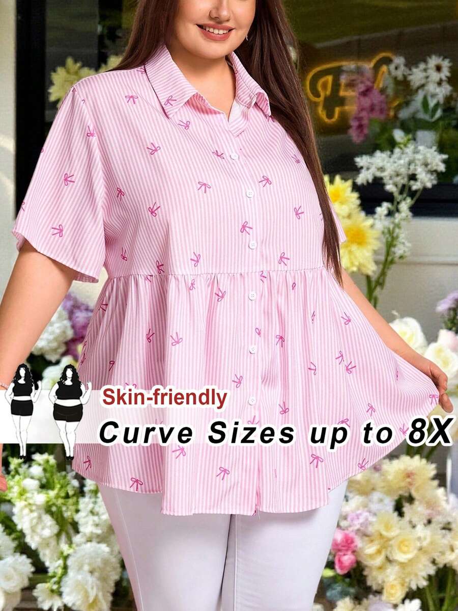 SHEIN CURVE+ Valentine's Day Plus Size Open Front Raglan Short Sleeve Striped Bow Print Peplum Blouse,Going Out,Tunic Top,Formal Tops For Women,Teacher Shirts - Pink - View 1