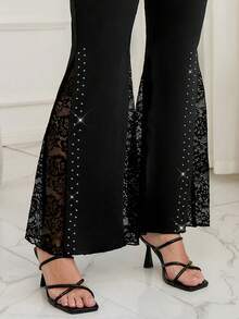 SHEIN Clasi Quần ống loe phối ren tương phản, cạp chun dành cho nữ cỡ lớn - màu đen - Xem 7