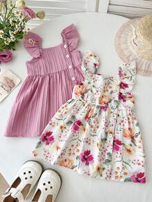 Playful Pals 2pcs/Set Baby GirlPlaid & Floral Print Ruffle Sleeve Button Front Dress, Cute For Summer Vacation - Pink - View 9