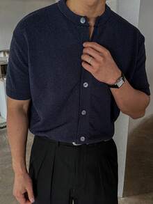 DAZY 男士纯色藏蓝色圆领针织开衫，夏季 - 藏蓝色 - 查看 8