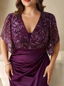 Coutiva Plus Size Purple Sequin Lace Flutter Sleeve Mermaid Evening Gown Deep V-Neckline Sparkle Sequin Embroidered Bodice Luxury Modest Wedding Guest Party - Purple - View 7