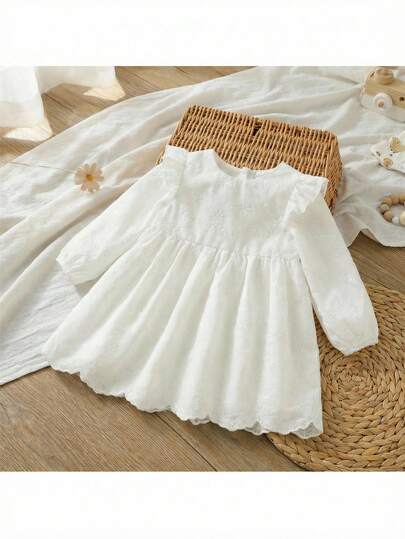 Loomiva Baby Girl Solid Color Round Neck Ruffle Hem Long Sleeve Cinched Waist Princess Dress, Embroidered Fabric