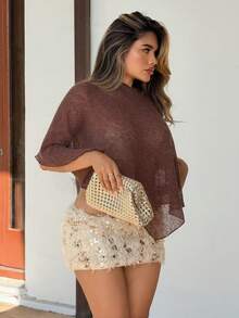 Maria Perezxox 新款时尚杏色多功能针织提花镂空连体露背披肩领多穿度假风轻薄罩衫棕色上衣 - 咖啡棕 - 查看 5
