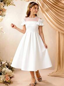 少女優雅長款公主禮服，白色夏季婚禮小伴娘緞面洋裝，網紗領口，正式教堂端莊派對長裙 - 白色 - 查看 12