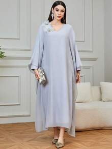 Al Najma Women's Chiffon Poncho With 3D Floral Decor, V-Neck Loose Fit Tunic - Light Grey - View 3