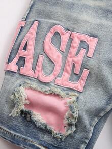 Manfinity LEGND 男士休闲夏季水洗字母刺绣破洞斜插口袋牛仔短裤 - 淺色水洗藍 - 查看 5