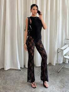 Siren Gaze Elegant Black Lace Sexy See-Through Jumpsuit For Summer - Slimming Sleeveless Fit - Stylish Nightclub Party Outfit - Black - View 4