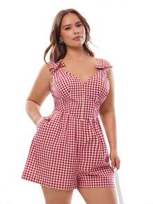 Solavibe 大码女式V领吊带蝴蝶结腰A字休闲格子红白连体裤，适合春夏、浪漫假期、情人节穿着。 - 紅白色 - 查看 5