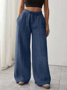 EURMUSE Tall Women Wide Leg Sweatpant With Drawstring And Pocket - Dusty Blue - View 3