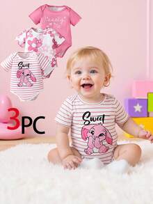 SHEIN 3pcs Baby Girls Cute Pink Rabbit Striped Floral Print Short Sleeve Romper, Suitable For Everyday Wear, Spring/Summer - Multicolor - View 3