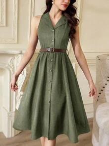 Vestido de mujer elegante y vintage con bolsillos y cinturón, vestido camisa casual para oficina, vacaciones y verano.Vestidos de verano para mujer, atuendos de vacaciones , - Azul y blanco - Ver 4