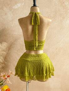 Soleia 新款针织纹理吊带串珠贝壳装饰上衣+低腰多层半身裙，适合派对、约会、情人节、复活节、狂欢节、下午茶、海滩、邮轮、城市度假、波西米亚风、浪漫花卉风格 - 淡黃色 - 查看 2